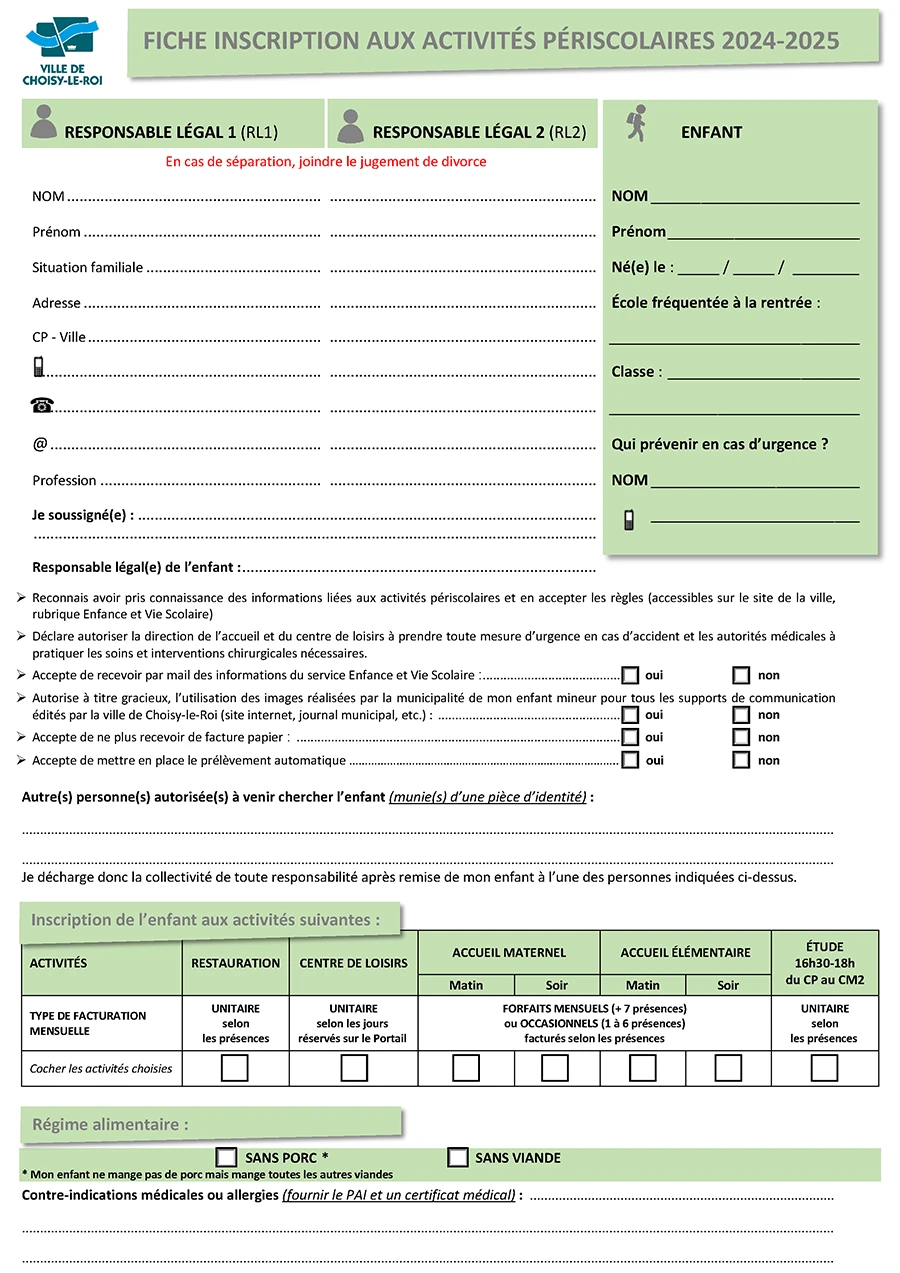 Centres de loisirs 10 Formulaire d'inscription aux activités péri et extrascolaires